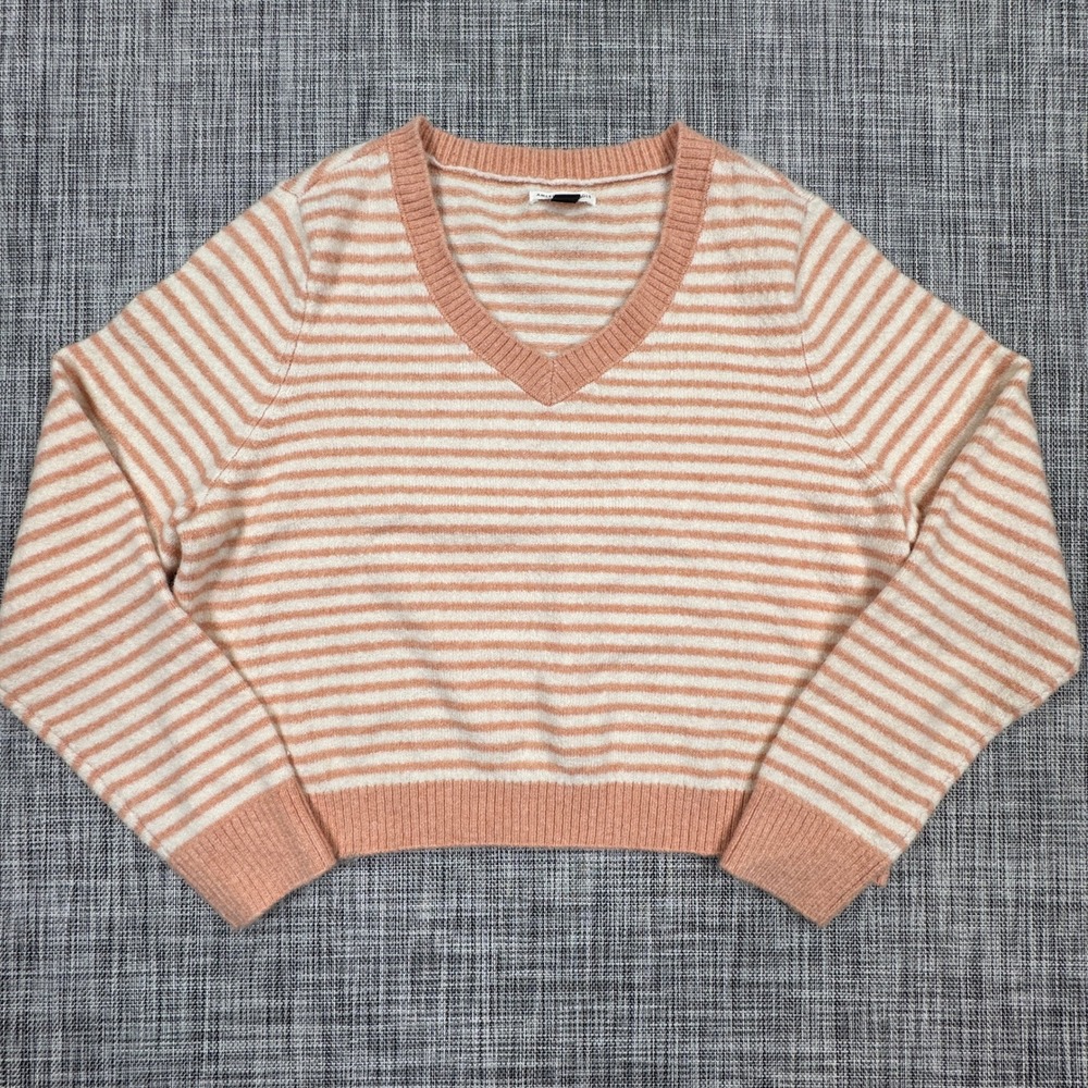 American Eagle Sweater Womens XXL Peach Cream Striped V Neck Cropped Long Sleeve